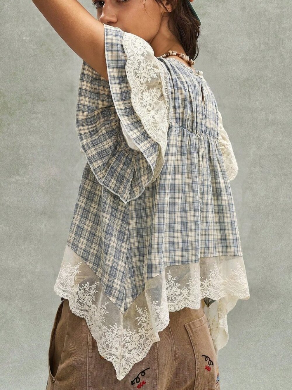 Blue And White Cute Women's Casual Woven Plaid Contrast Lace Loose Blouse - Picture 4 of 9